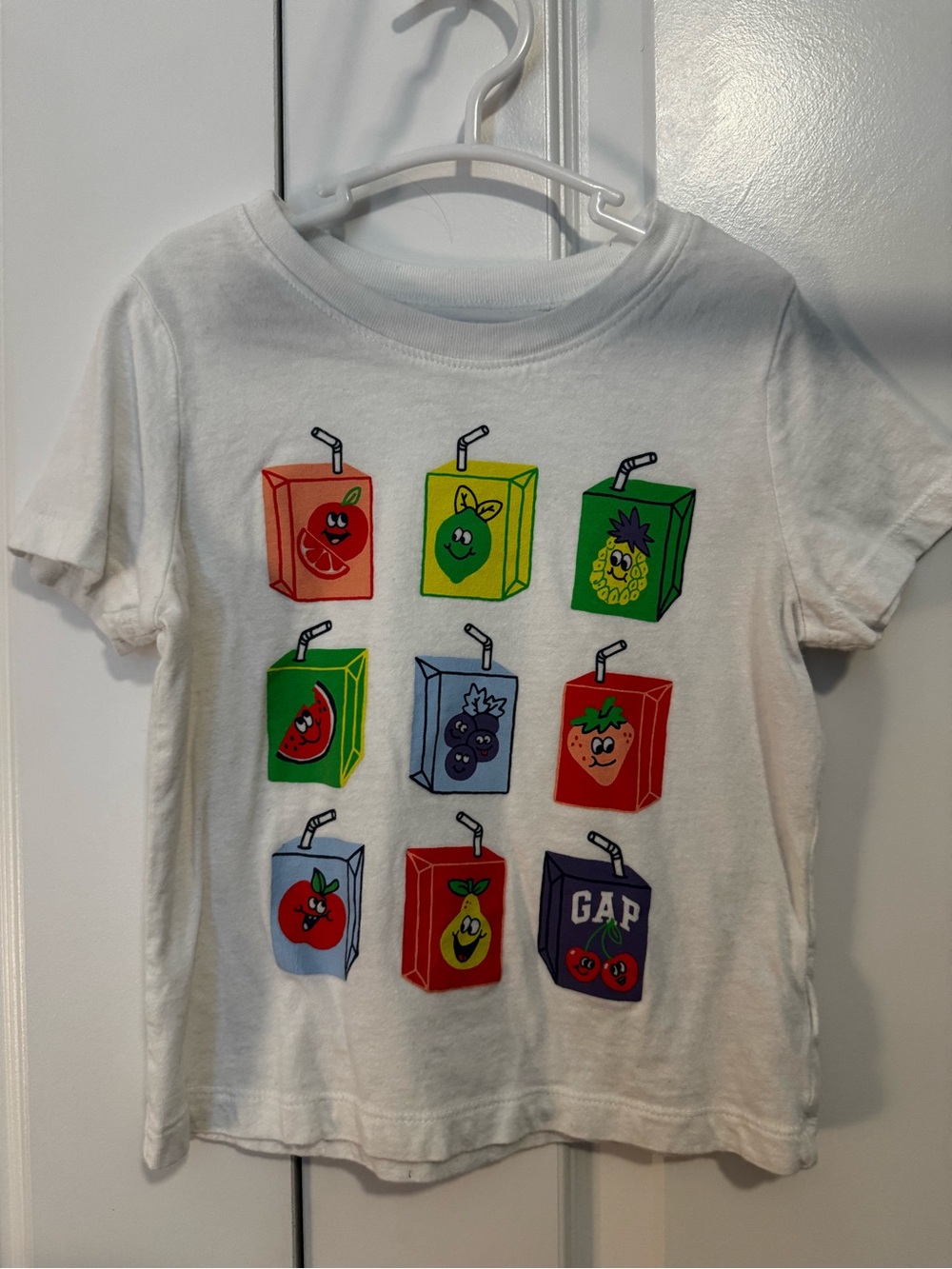 GAP White Kids Tee with Colorful Fruit Juice Box Graphics